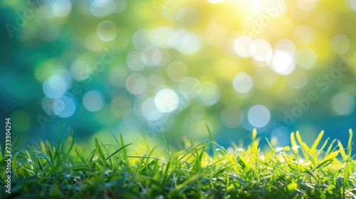 Abstract landscape with green grass and a blue sky, Spring or summer abstract nature background with grass and bokeh lights. Blue sky in the back, generative ai