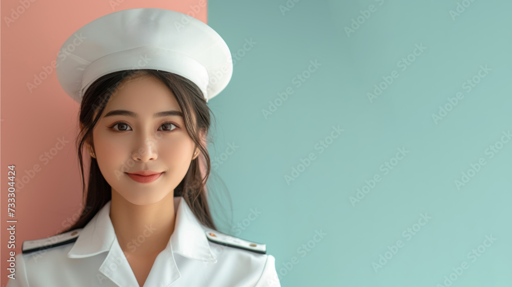 Asian woman in cruise ship staff uniform isolated on pastel background Asian woman in cruise ship staff uniform isolated on pastel background
