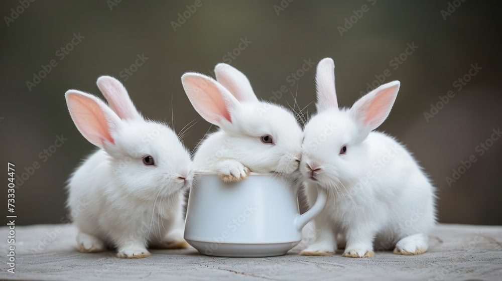 Cute white bunny in a white cup on a green bokeh of nature as a background. Little bunnies are a very cute and funny promotion for a spring banner or cafe banner. Cute white bunny in a white cup on a green bokeh of nature as a background. Little bunnies are a very cute and funny promotion for a spring banner or cafe banner.
