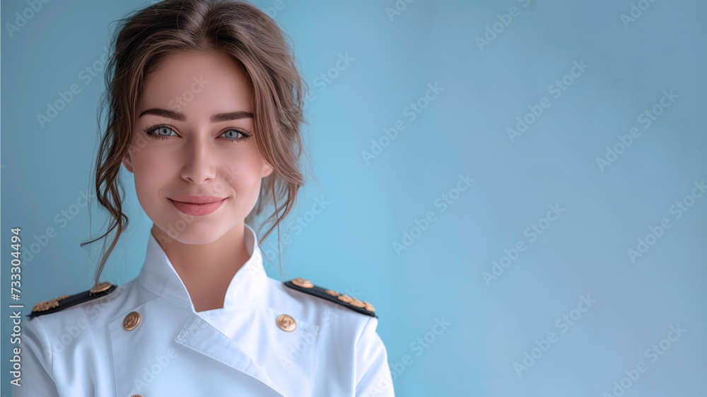 Brunette woman in cruise ship staff uniform isolated on pastel background Brunette woman in cruise ship staff uniform isolated on pastel background