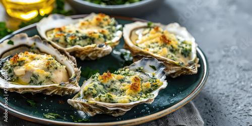 Classic Oysters Rockefeller. Baked oysters Rockefeller topped with herbed butter crust and greens sauce.