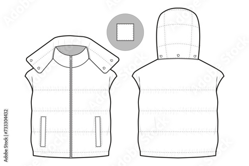 hooded puffer jacket vest flat technical drawing illustration mock-up template for design and tech packs men or unisex fashion CAD streetwear women workwear utility