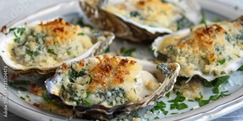 Classic Oysters Rockefeller. Baked oysters Rockefeller topped with herbed butter crust and greens sauce.