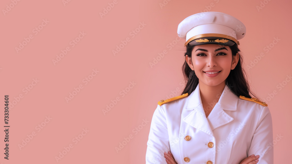 Indian woman in cruise ship staff uniform isolated on pastel background