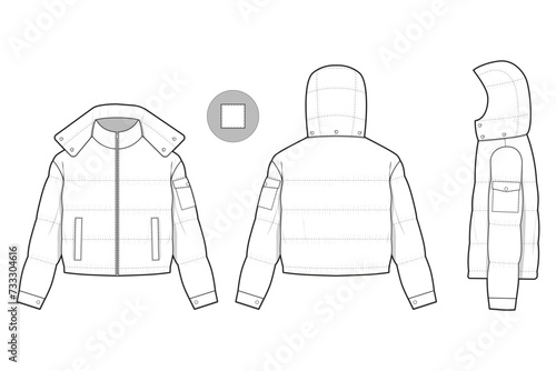 cropped hooded puffer jacket flat technical drawing illustration mock-up template for design and tech packs men or unisex fashion CAD streetwear women workwear utility