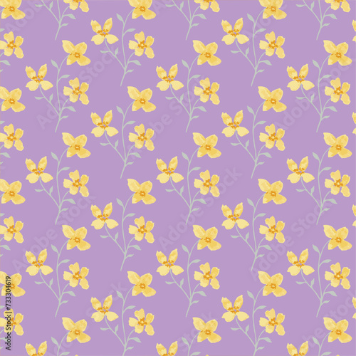 Yellow Floral Pattern on purple background. Seamless floral pattern.