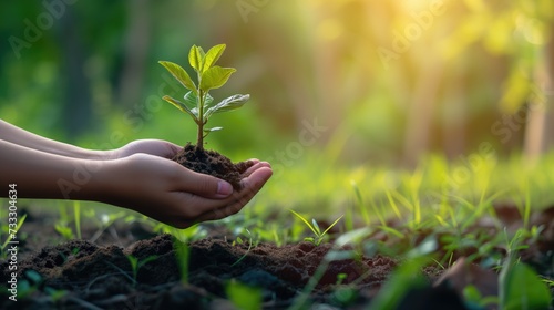 Close-up of children hands planting a tree in the soil, Planting young tree by kid hand on back soil as care and save wold concept, generative ai photo