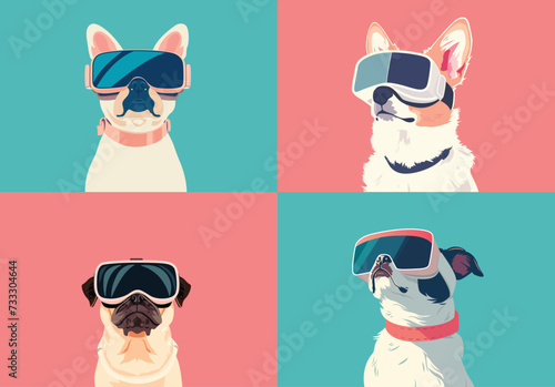 A collection of a dog wearing virtual reality glasses