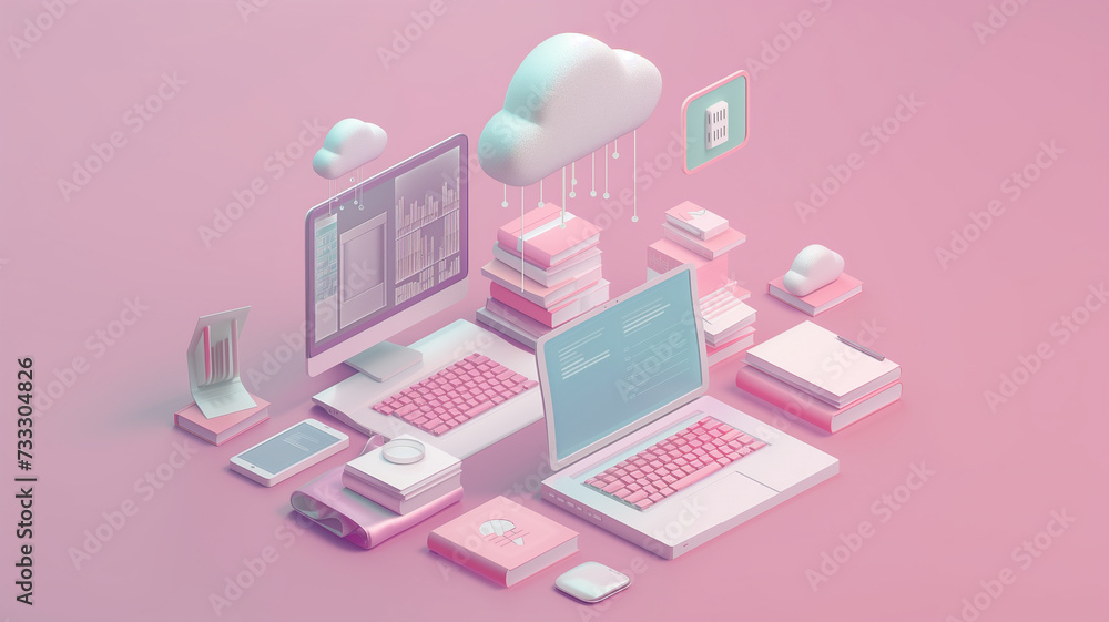 A minimalist 3D isometric illustration of a cloud computing ecosystem, with sleek designs of a computer, laptop, tablet, and smartphone, all seamlessly connected to a stylized cloud.