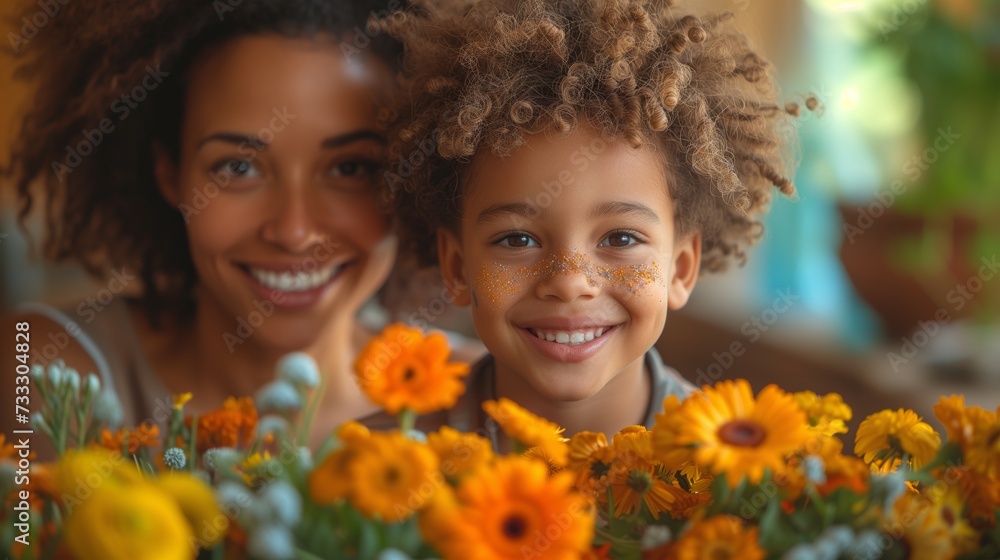Woman and Child Smiling With Flowers in Front of Them Woman and Child Smiling With Flowers in Front of Them