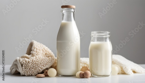 Two bottles of milk with a towel and a jar of nuts
