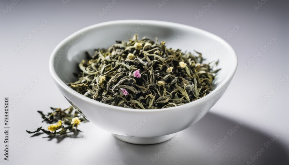Fototapeta premium A white bowl filled with green tea leaves and flowers