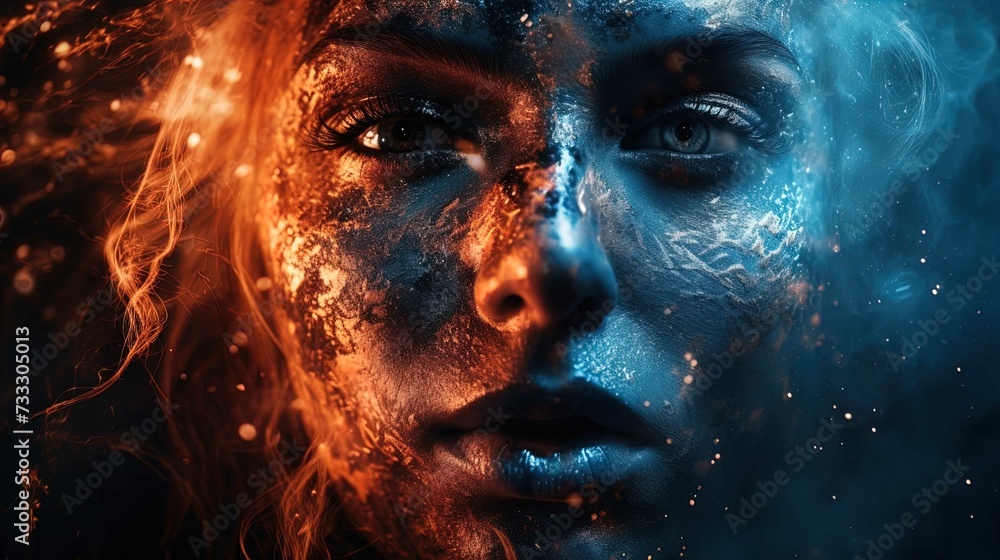 The image shows a close-up of a woman's face with striking contrast of warm and cool colors. Her skin is adorned with an intricate pattern of golden and blue pigments, suggesting a texture reminiscent The image shows a close-up of a woman's face with striking contrast of warm and cool colors. Her skin is adorned with an intricate pattern of golden and blue pigments, suggesting a texture reminiscent