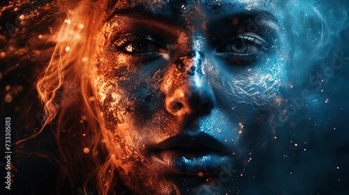 The image shows a close-up of a woman s face with striking contrast of warm and cool colors. Her skin is adorned with an intricate pattern of golden and blue pigments  suggesting a texture reminiscent