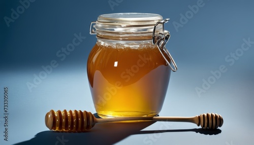 A jar of honey with a wooden spoon in it