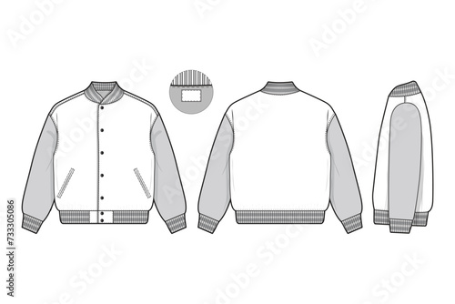 varsity letterman jacket flat technical drawing illustration mock-up template for design and tech packs men or unisex fashion CAD streetwear women workwear utility