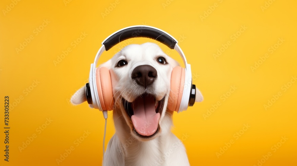 Cute dog wearing big headphones listens to music, sound therapy concept for animals with copyspace