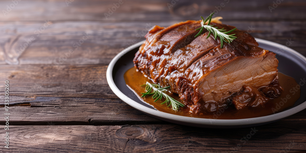 Sauerbraten: German Marinated Pot Roast. Succulent slices of Sauerbraten in a rich gravy, garnished with rosemary, copy space.