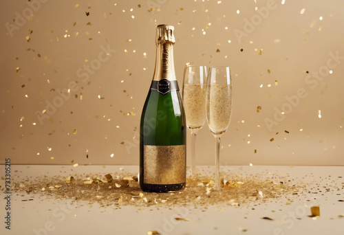 A bottle of champagne with gold glitter and confetti on beige background made for hilarious celebration