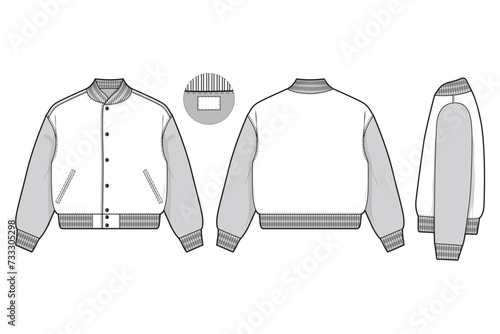 varsity letterman jacket flat technical drawing illustration mock-up template for design and tech packs men or unisex fashion CAD streetwear women workwear utility