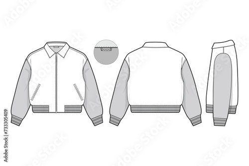 varsity letterman jacket collared flat technical drawing illustration mock-up template for design and tech packs men or unisex fashion CAD streetwear women workwear utility