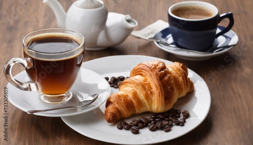 A croissant  coffee  and tea on a table