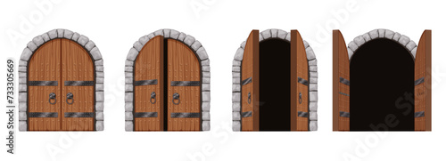 Opening doors of medieval stone castle or church gate set. Sequence game animation with stages of closed panels with metal decorations, closed and open wooden doors cartoon vector illustration