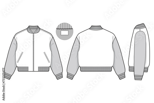 Zip varsity letterman jacket cropped flat technical drawing illustration mock-up template for design and tech packs men or unisex fashion CAD streetwear women workwear utility