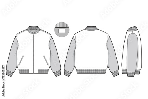 Zip varsity letterman jacket flat technical drawing illustration mock-up template for design and tech packs men or unisex fashion CAD streetwear women workwear utility photo