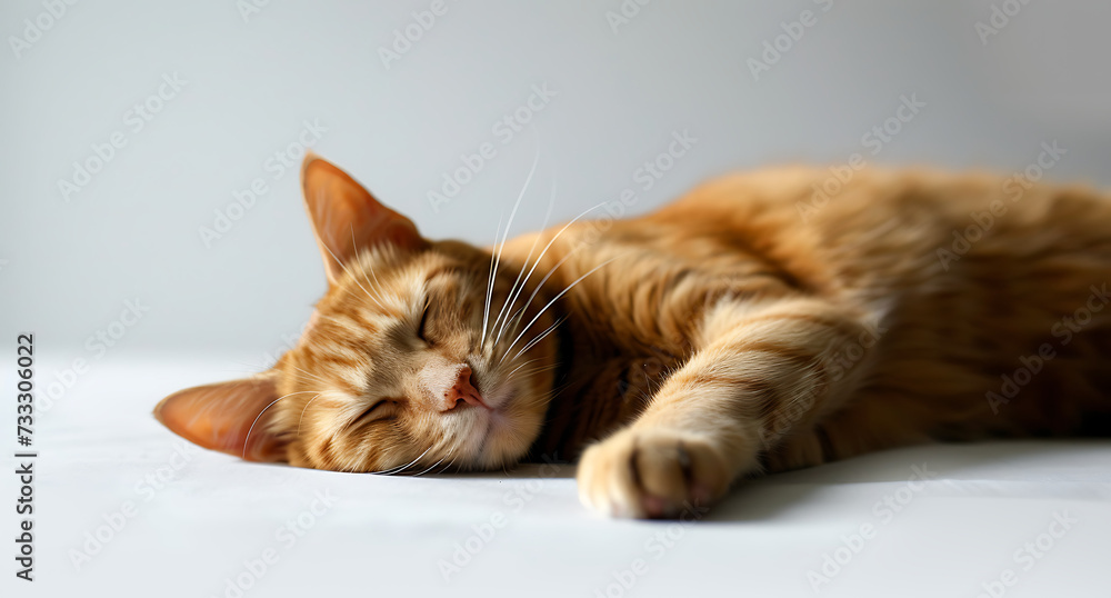 a orange cat lying down on a white background in