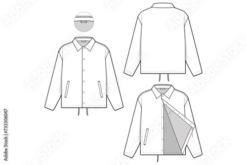 coaches windbreaker jacket collared flat technical drawing illustration mock-up template for design and tech packs men or unisex fashion CAD streetwear women workwear utility