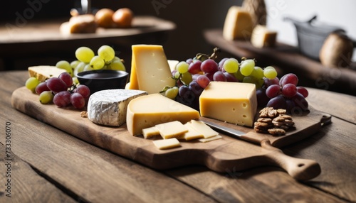 A wooden tray with cheese, grapes, and crackers
