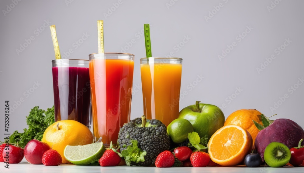 A variety of fruits and juices are displayed on a table A variety of fruits and juices are displayed on a table