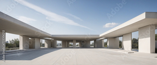 Empty abstract architecture building in minimal concrete design with open space floor courtyard white podium and curved walls museum plaza as wide display showroom mockup environment background