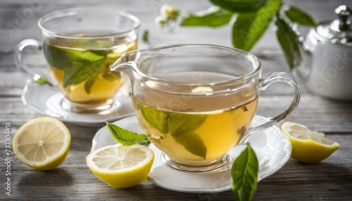 A glass of tea with lemon and mint on a table