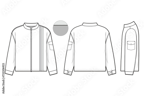 retro racing windbreaker zip jacket flat technical drawing illustration mock-up template for design and tech packs men or unisex fashion CAD streetwear women workwear utility