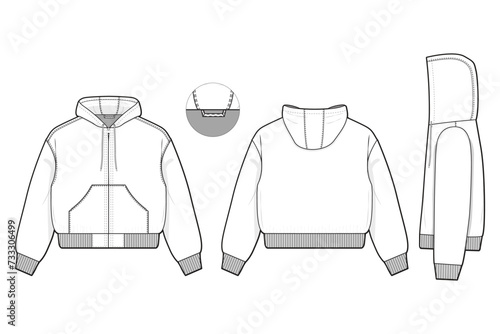 cropped hooded work jacket flat technical drawing illustration mock-up template for design and tech packs men or unisex fashion CAD streetwear women workwear utility