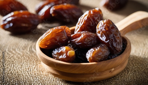 A wooden bowl full of dates