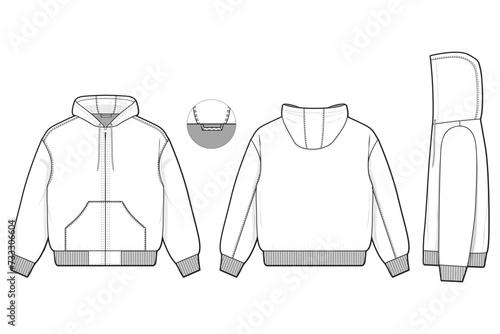 hooded work jacket flat technical drawing illustration mock-up template for design and tech packs men or unisex fashion CAD streetwear women workwear utility