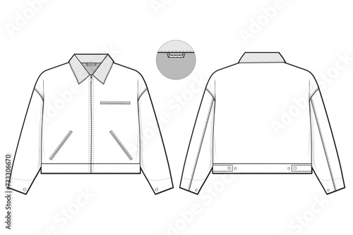 cropped zip work trucker jacket collared flat technical drawing illustration mock-up template for design and tech packs men or unisex fashion CAD streetwear women workwear utility