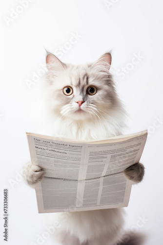 Cat holding white sign on white background. Pets. Zoo service. Veterinary clinic