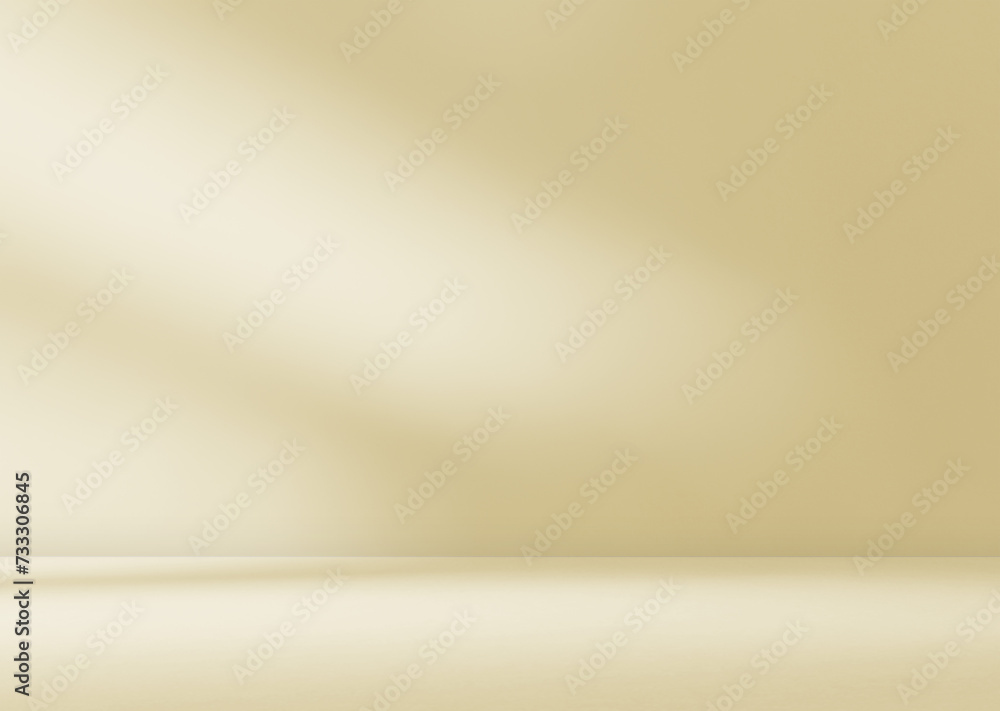 Empty cream beige golden room studio with shadow of leaves for product presentation. Autumn background. Summer tropical backdrop. Cosmetic showroom.	 - obrazy, fototapety, plakaty 
