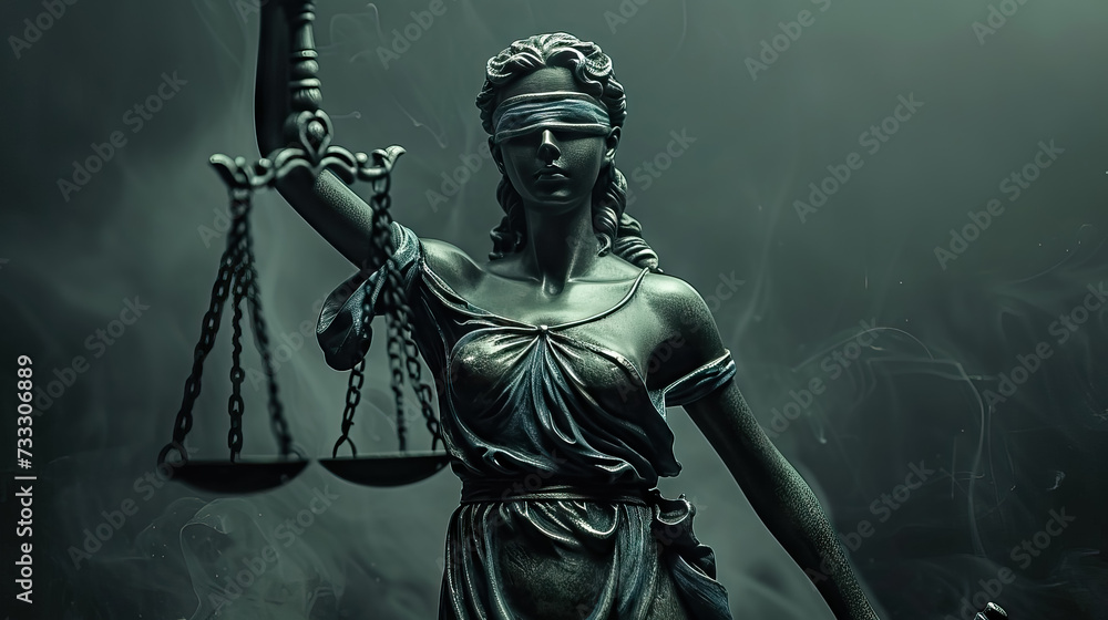 Obraz premium Closeup of a sculpture of Themis, mythological the Statue of Justice on smokey and dark background - AI Generated