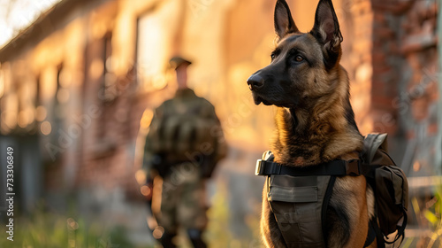 k-9 young german shepherd dog on duty stand beside trainer - AI Generated