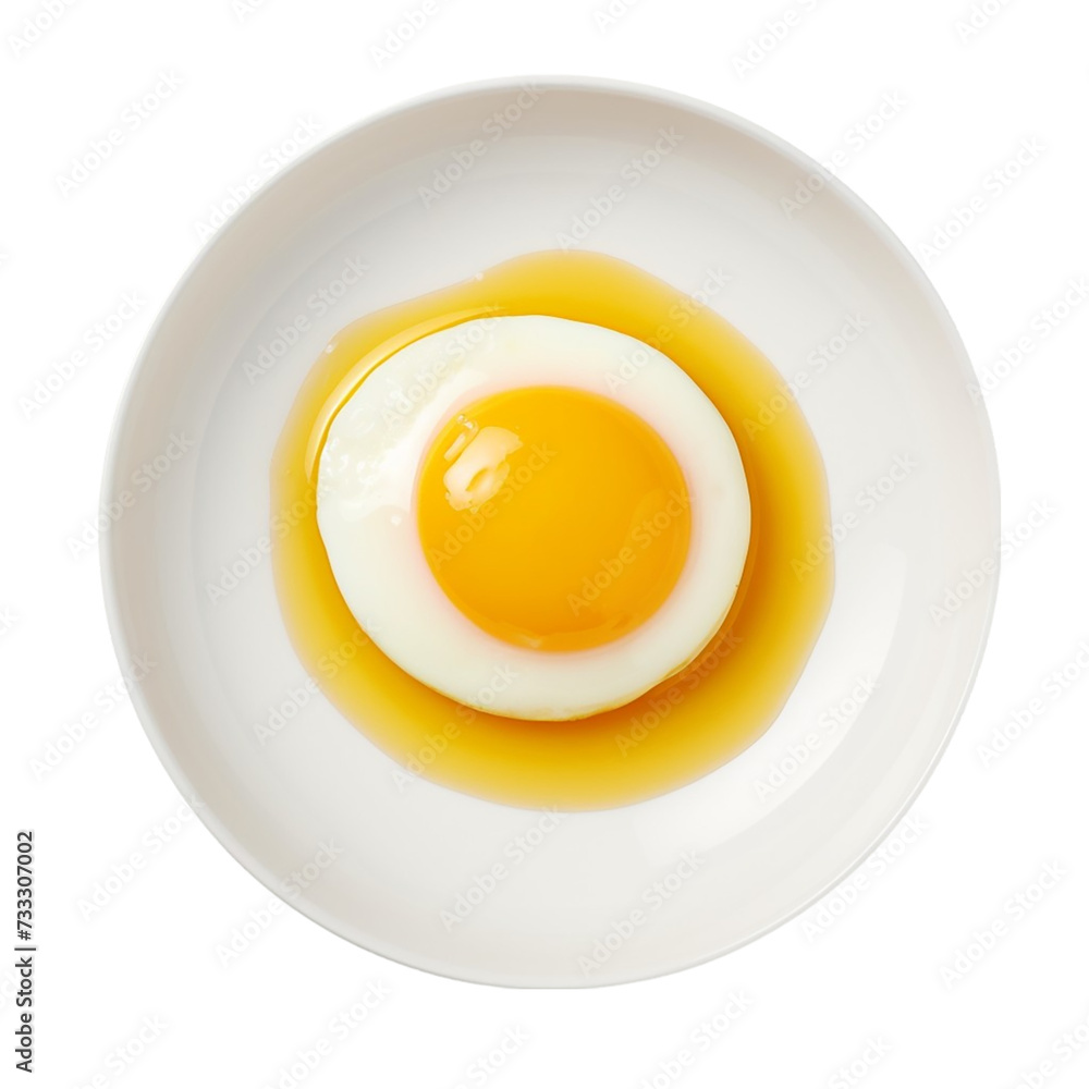 Half fried egg in plate isolated on transparent background. Top view. Half fried egg in plate isolated on transparent background. Top view.