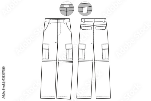 convertible Leg Cargo Pants Flat Technical Drawing Illustration Five Pocket Classic Blank Streetwear Mock-up Template for Design and Tech Packs CAD Outdoor