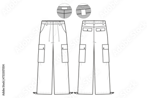 Elastic Cargo Pants Flat Technical Drawing Illustration Five Pocket Classic Blank Streetwear Mock-up Template for Design and Tech Packs CAD Outdoor