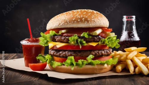 A large hamburger with lettuce, tomato, and cheese