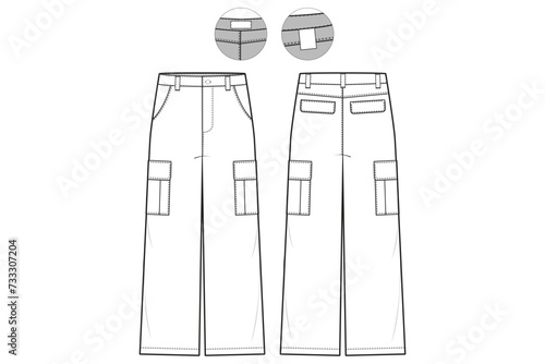 loose fit Cargo Pants Flat Technical Drawing Illustration Five Pocket Classic Blank Streetwear Mock-up Template for Design and Tech Packs CAD Outdoor