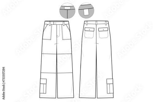 parachute Cargo Pants Flat Technical Drawing Illustration Five Pocket Classic Blank Streetwear Mock-up Template for Design and Tech Packs CAD Outdoor